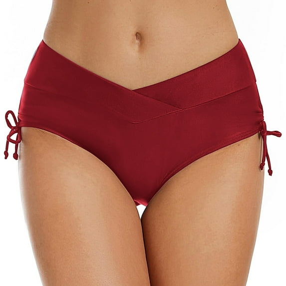 Sngxgn Women High Waisted Bikini Bottom Retro Ruched Swim Short Shirred Tankinis Brief(Red,L)