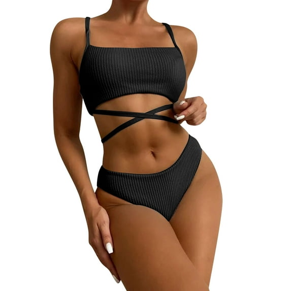 Sngxgn Women Swimsuit Bikini Set Two Piece Bathing Suit Strappy Side with Spaghetti Straps(Black,L)