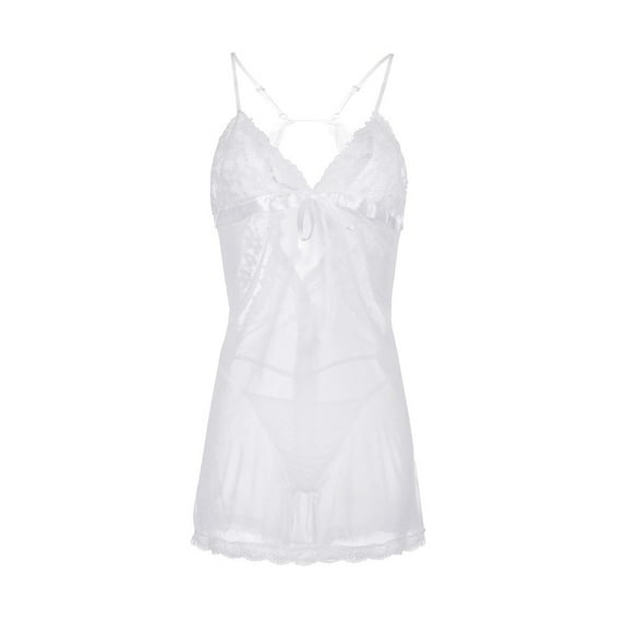 Sngxgn Women Lingerie Lace Bodysuit Deep V Nightgown(White,M)