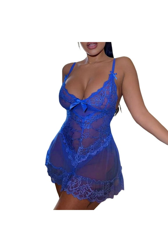 Women Lingerie Sleepwear Lace Chemise Nightgown Full Slips(Blue,M)