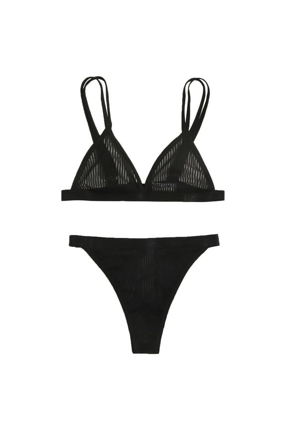 Women See Through Mini Micro Bra Sheer String Bottom Set(Black,XL)