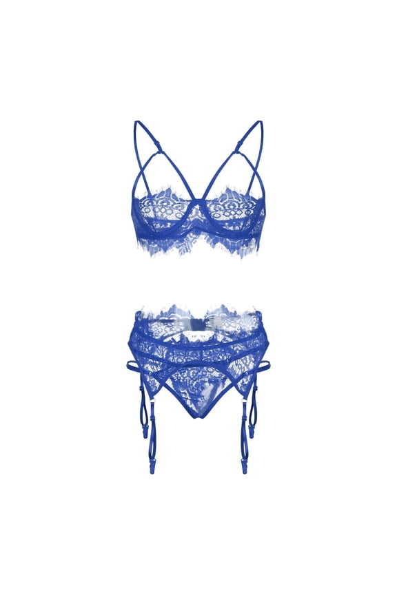 Women See Through Mini Micro Bra Sheer String Bottom Set(Blue,XL)