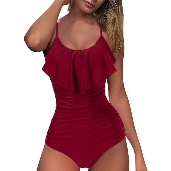 Sngxgn Women Swimsuit Bathing Suit Square Neck Cutout Back Tummy Control with Adjustable(Red,S)