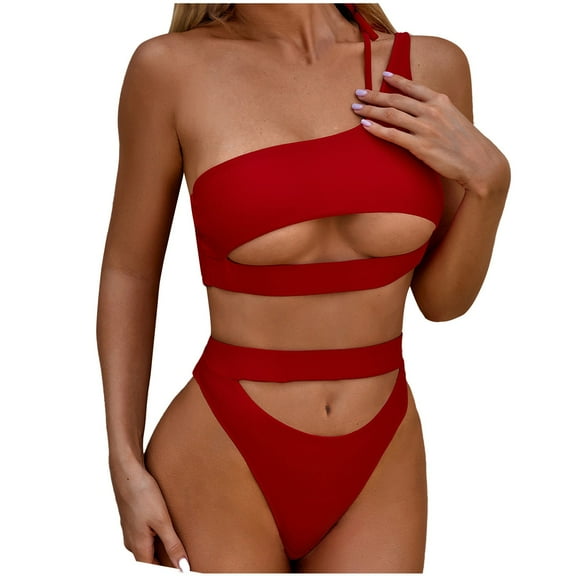 Sngxgn Women Swimsuit Bikini Set High Waisted Drawstring Two Piece Bathing Suit(Red,M)