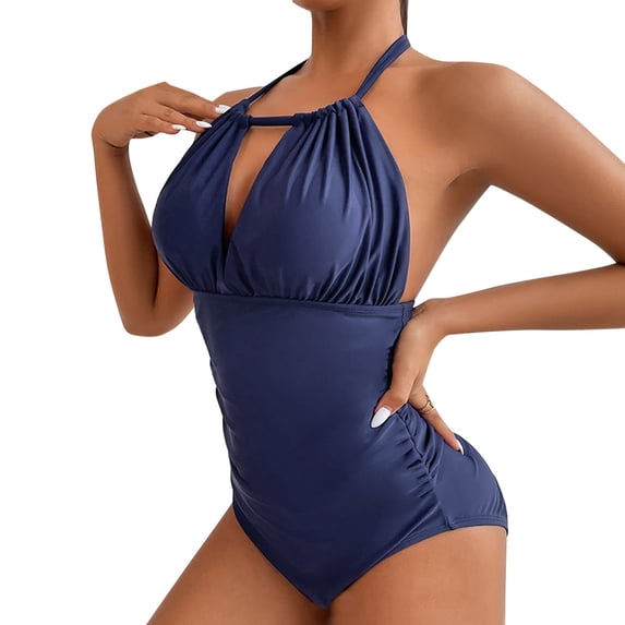 Sngxgn Women Swimsuit High Neck Plunge Ruched Tummy Control Bathing Suit(Blue,L)