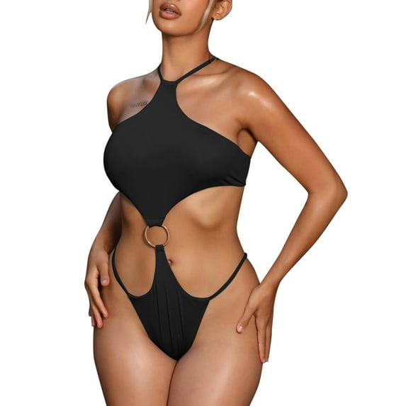 Sngxgn Women Swimsuit Tummy Control Bathing Suit Sexy Plunge V Neck Swimwear(Black,M)