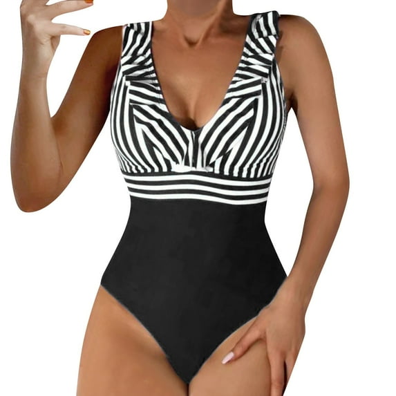 Sngxgn Women Tummy Control Swimsuits Cutout Ruffle Bathing Suit High Cut Swimsuits(Black,M)