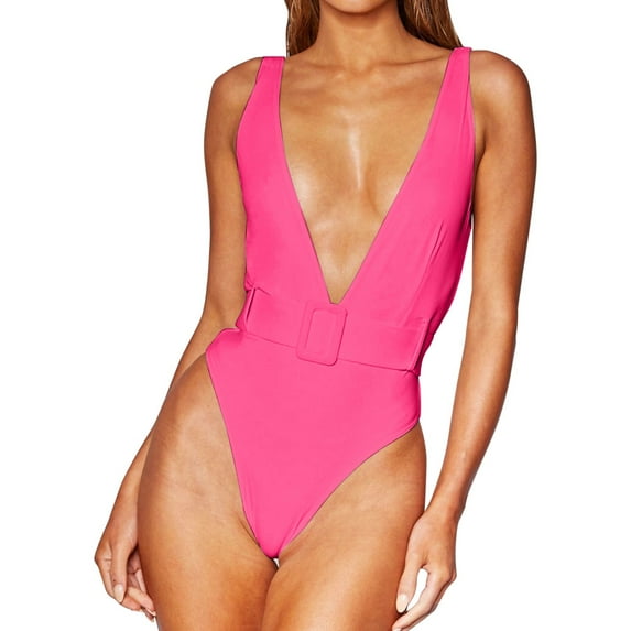 Sngxgn Women V Neck Swimsuits Tummy Control Ruched Swimwear Halter Bathing Suit(Hot Pink,M)
