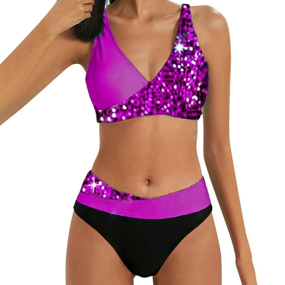 Sngxgn Women's 2 Piece Bikini Set Wireless Swimsuit High Waisted Bathing Suit(Purple,XL)