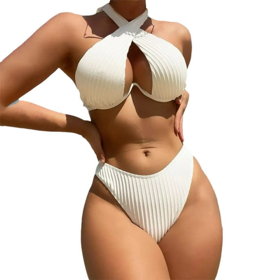 Sngxgn Women's 2 Piece High Waisted Wrap Spaghetti Strap Summer Swimsuit Bikini Set(White,L)