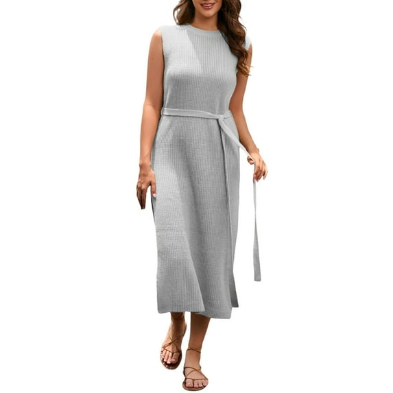 Sngxgn Women's Basic Bodycon Midi Dress Crewneck Sleeveless Casual Summer Tank Top Dresses(Grey,XL)