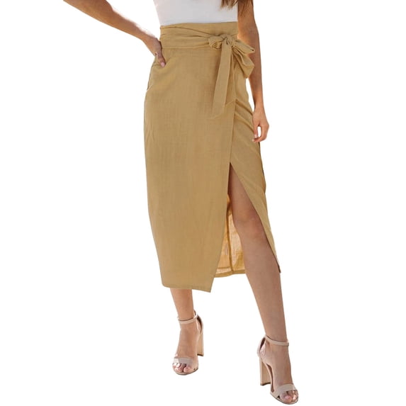 Sngxgn Women's Basic High Waisted Elastic Solid Pencil Mini Skirt(Khaki,L)