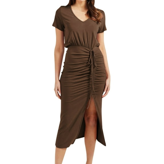 Sngxgn Women's Casual Fall Dresses Long Sleeve Wrap V Neck High Low Ruffle Dress(Brown,L)