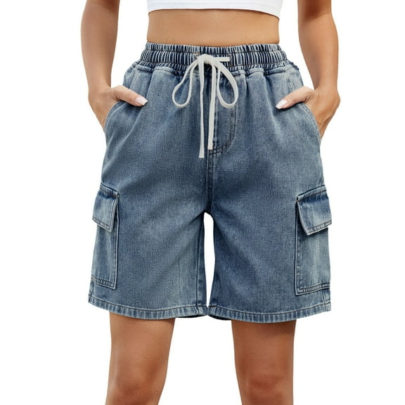 Sngxgn Women's Casual Mid Rise Denim Shorts Stretch Ripped Raw Hem Casual Shorts(Blue,L)