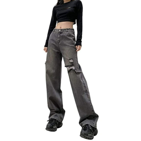 Sngxgn Women's Casual Mid Waist Cargo Jeans Stretch Wide Leg Denim Pants with Pockets(Black,S)