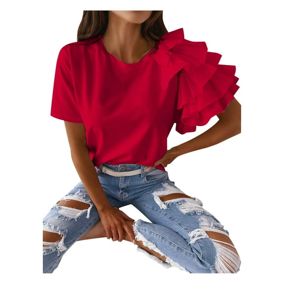 Sngxgn Women's Classic-Fit Short-Sleeve Scoop Crew Neck T-Shirt(Red,XXL)