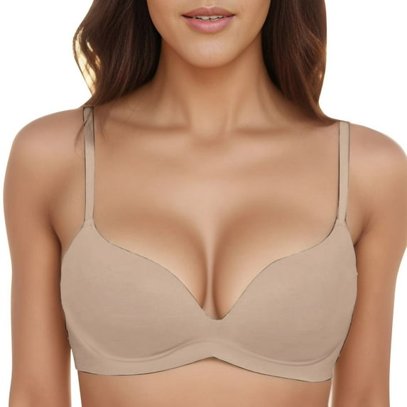 Sngxgn Women's Comfort Underwire Bra, Full Coverage Convertible T-Shirt Bra(Beige,L)