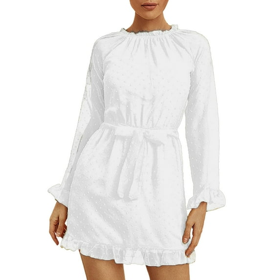 Sngxgn Women's Crewneck Long Sleeve Tie Waist A-Line Swing Bodycon Short Dress Casual Solid Ribbed Knit Sweater Dress(White,M)