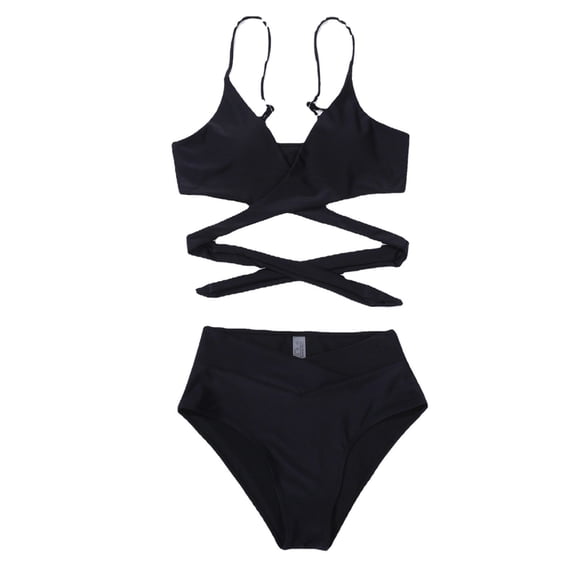 Sngxgn Women's Cut High Waisted Bikini Ribbed V Neck Two Pieces Swimsuit(A,L)