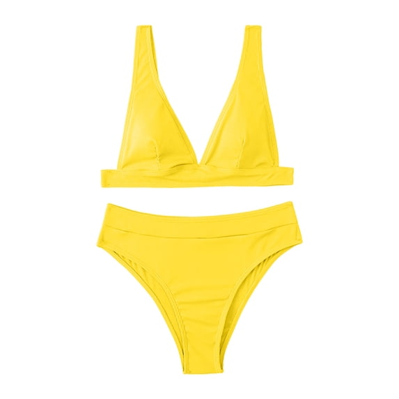 Sngxgn Women's Cut High Waisted Bikini Ribbed V Neck Two Pieces Swimsuit(Yellow,XL)