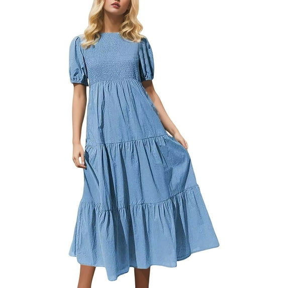 Sngxgn Women's Deep V Neck Short Sleeve Long Dresses Pleated High Waist Slit Maxi Dress(Sky Blue,XL)