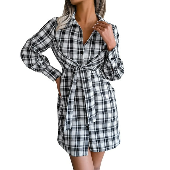 Sngxgn Women's Dress Deep V-Neck Long Sleeve Waist Tie Ruffle Mini Swing Skater Dresses(Dark Blue,M)