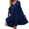 thumbnail image 1 of Sngxgn Women's Dress Deep V-Neck Long Sleeve Waist Tie Ruffle Mini Swing Skater Dresses(Navy,S), 1 of 5