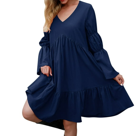 Sngxgn Women's Dress Deep V-Neck Long Sleeve Waist Tie Ruffle Mini Swing Skater Dresses(Navy,S)