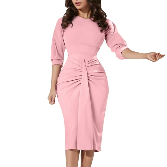 Sngxgn Women's Dress Long Sleeve Crewneck Dress(Pink,S)