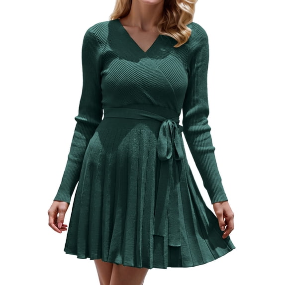 Sngxgn Women's Dresses Ribbed Long Sleeve Square Neck Tops Mini Dress(Green,S)