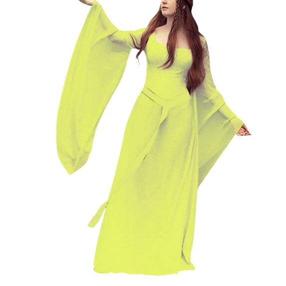 Sngxgn Women's Fall Dresses Long Sleeve Square Neck Casual Pleated Tiered Swing Maxi Dress(Yellow,M)