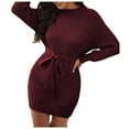 thumbnail image 1 of Sngxgn Women's Fall Elegant Dress Long Sleeve Crewneck Tie Waist Slim Rib Knit Slit Bodycon Midi Dress(,M), 1 of 8