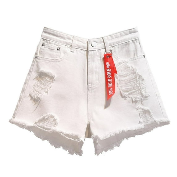 Sngxgn Women's High Rise Roll up Hem Straight Leg Denim Jean Shorts with Pocket(White,XL)