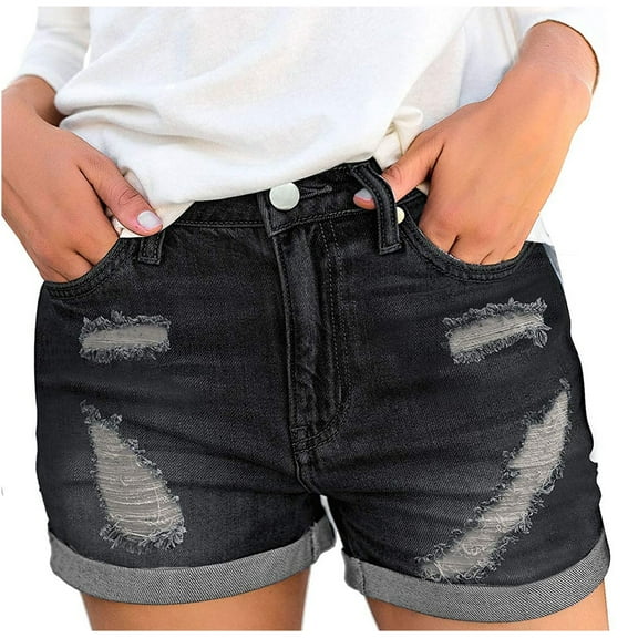 Sngxgn Women's High Waist Denim Shorts Ripped Raw Hem Jean Shorts Casual Summer Pants with Pockets(Black,M)