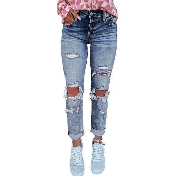 Sngxgn Women's Jeans High Stretch Mid Rise Straight Leg Ripped Jeans Cut Pull On Denim Pants(Blue,S)
