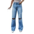 thumbnail image 1 of Sngxgn Women's Jeans High Stretch Mid Rise Straight Leg Ripped Jeans Cut Pull On Denim Pants(Light Blue,L), 1 of 7