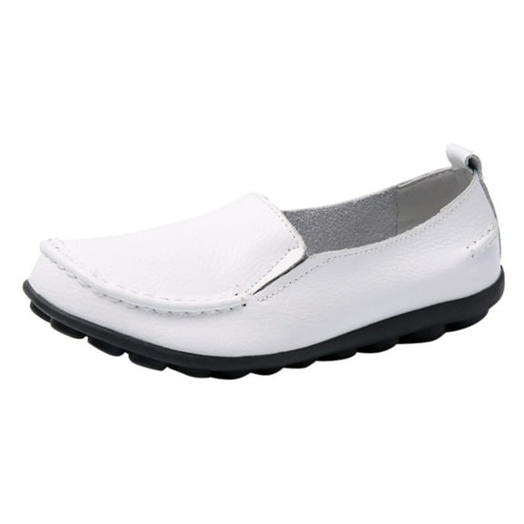 Sngxgn Women's Leather Loafers Nonslip Work Casual Comfort Low Top Shoes(White,9)