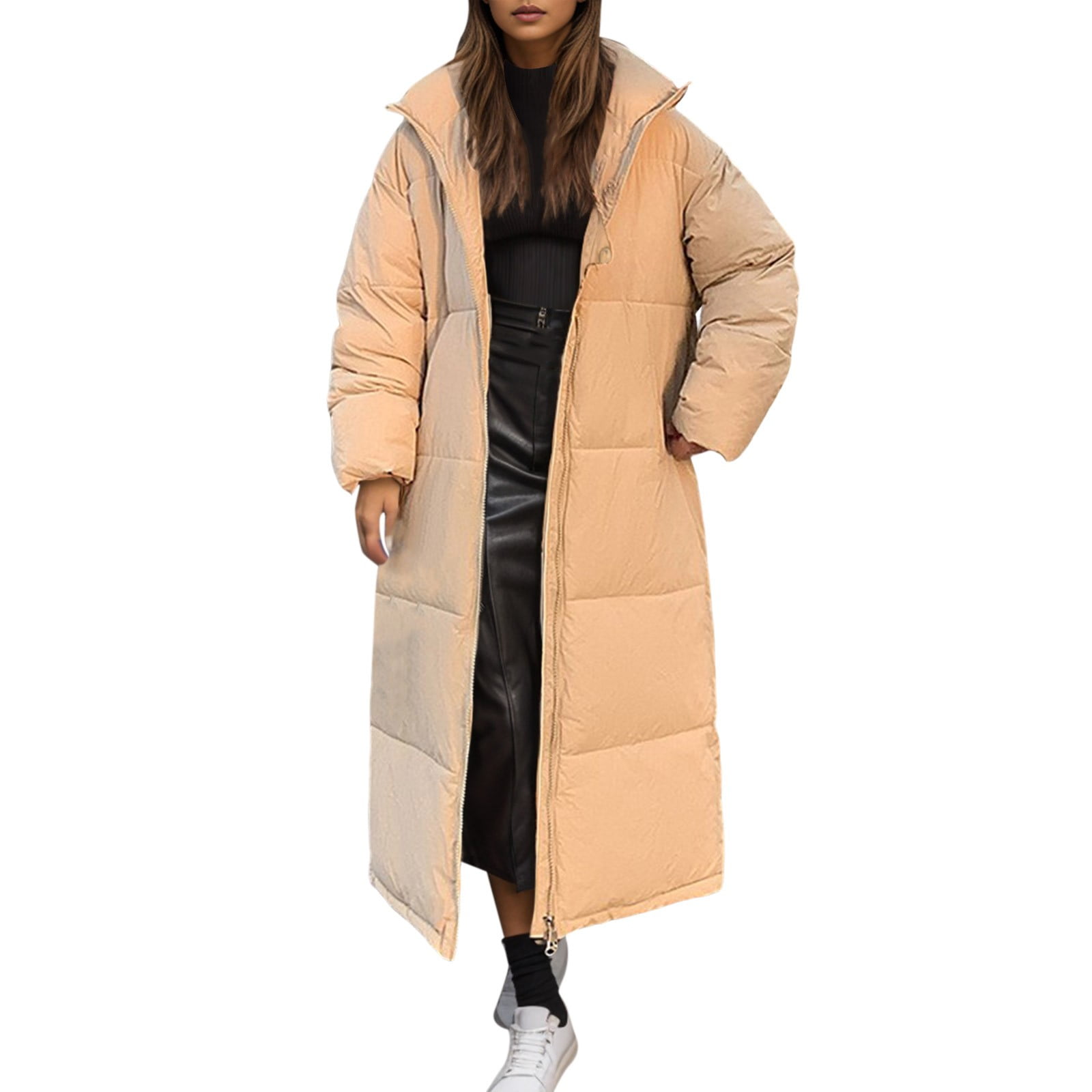 Sngxgn Women's Long Puffer Coat with Hood Parka Puffer Jacket(Khaki,XXL