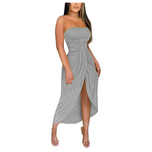 Sngxgn Women's Long Sleeve Dress with Slit Elegant Long Neck High Waist A-Line Midi Dress(Grey,S)