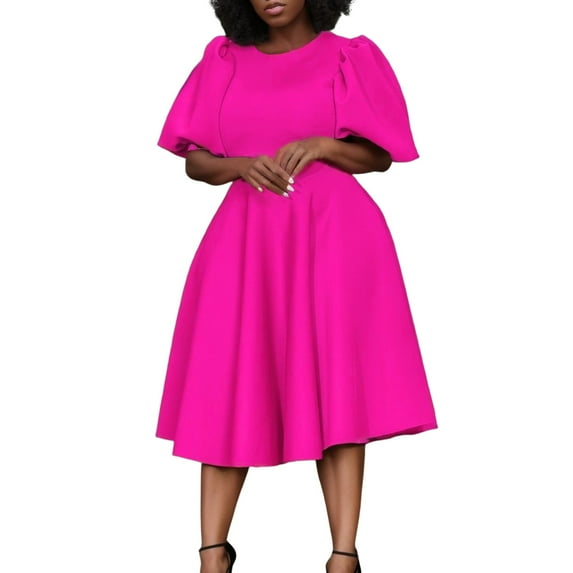Sngxgn Women's Long Sleeve Dress with Slit Elegant Long Neck High Waist A-Line Midi Dress(Hot Pink,XXL)