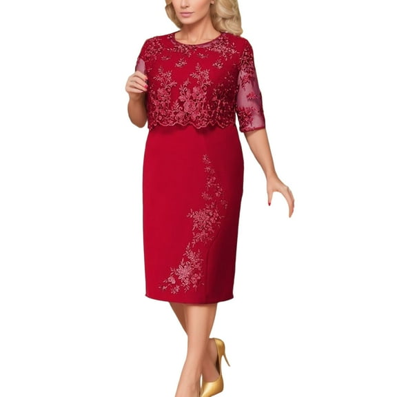 Sngxgn Women's Long Sleeve Dress with Slit Elegant Long Neck High Waist A-Line Midi Dress(Red,XXL)