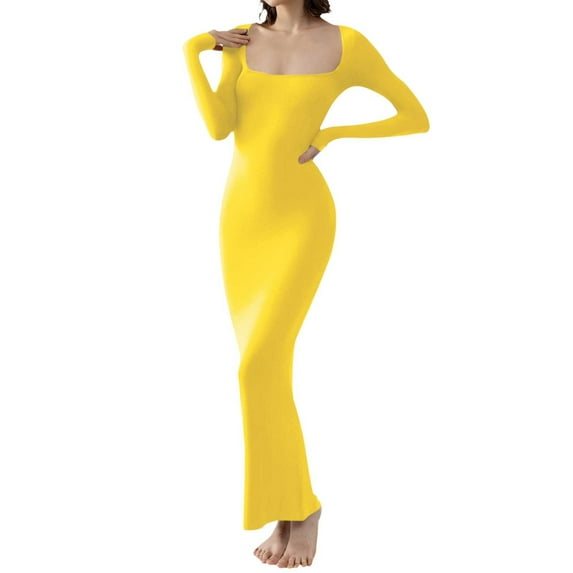 Sngxgn Women's Long Sleeve Ruched Bodycon Dress Square Neck Party Midi Dresses(Yellow,S)