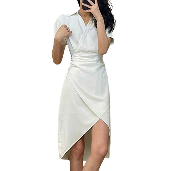 Sngxgn Women's Pleated Flowy Dresses Casual Midi Ruffle Dress(White,XL)