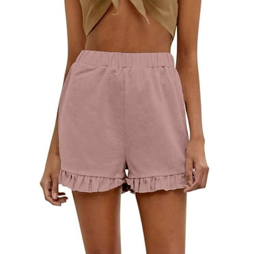 Sngxgn Women's Pleated High Waist Straight Leg Knee Length Shorts with Pocket(Pink,L)