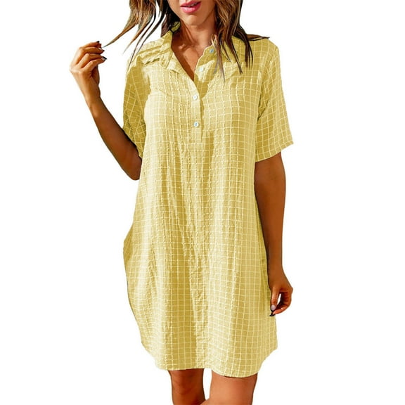 Sngxgn Women's Short Sleeve Lace Dress Crew Neck Knee Length for Party(Yellow,M)