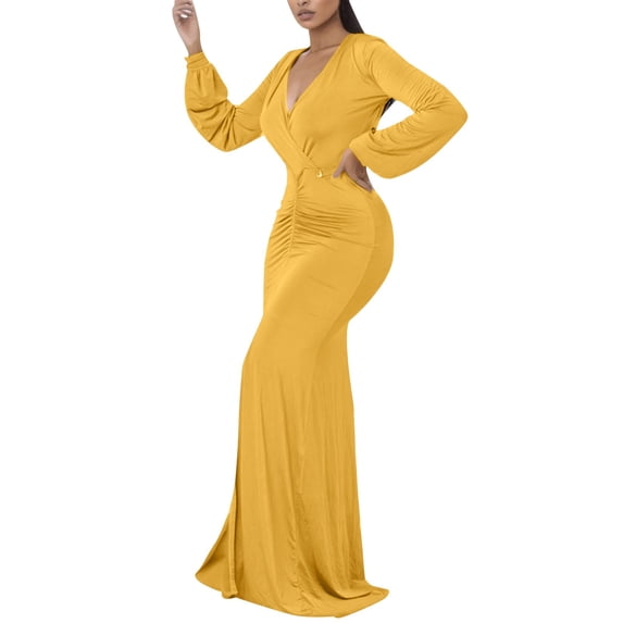 Sngxgn Women's Square Neck Lantern Long Sleeve Ruffle Shirred Flowy Mini Dress(Yellow,S)