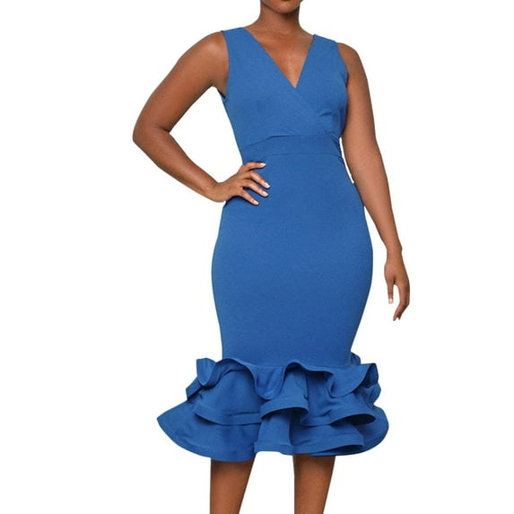 Sngxgn Women's Summer Bodycon Casual Midi Sleeveless Hollow Out Knit Side Slit Striped Long Tank Dress(Blue,XL)