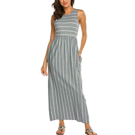 Sngxgn Women's Summer Bodycon Casual Midi Sleeveless Hollow Out Knit Side Slit Striped Long Tank Dress(Grey,XL)