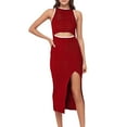 thumbnail image 1 of Sngxgn Women's Summer Bodycon Casual Midi Sleeveless Hollow Out Knit Side Slit Striped Long Tank Dress(Red,L), 1 of 5