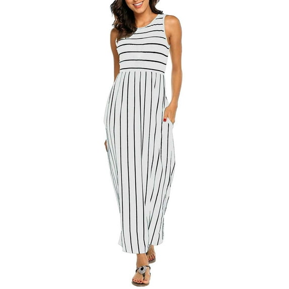 Sngxgn Women's Summer Bodycon Casual Midi Sleeveless Hollow Out Knit Side Slit Striped Long Tank Dress(White,XXL)